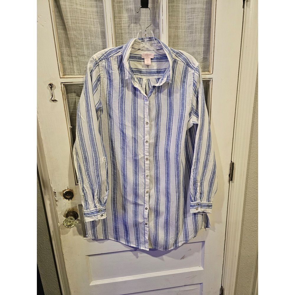 St. Tropez West 100% Linen Blue & White Striped‎ Top